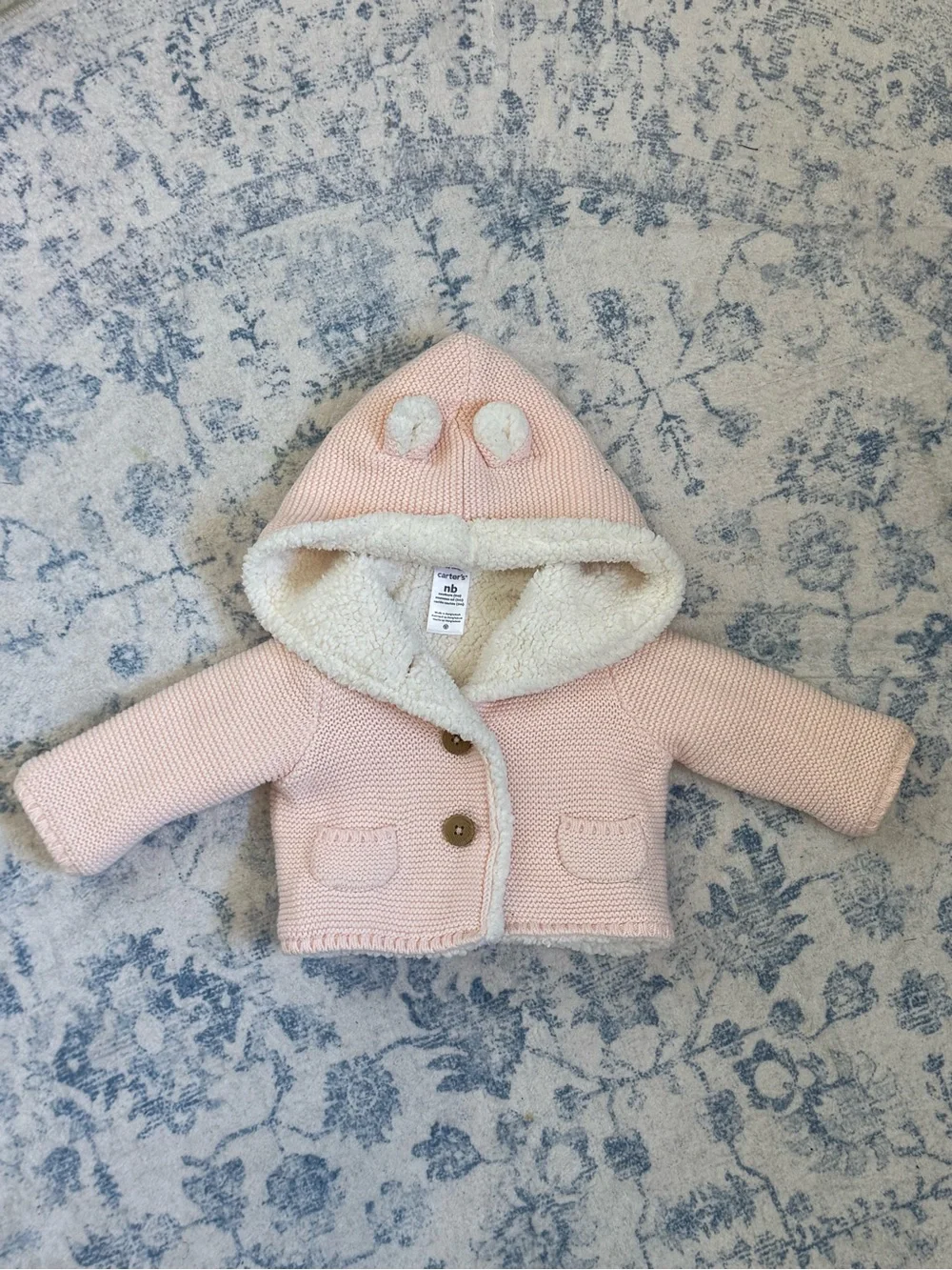 Carter's Light Pink Knit Hooded Sherpa Jacket with Pom Ears